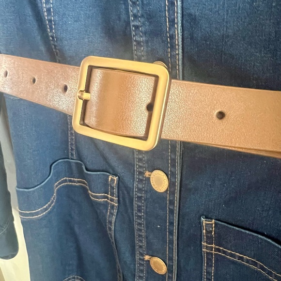 Women's Denim Dress Button Down Lapel Collar Casual Midi Dress with Belt - Picture 14 of 16